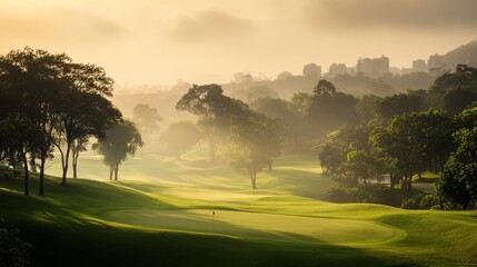 A serene scene featuring a tranquil golf course, Lush green fairways meticulously groomed, Classic photographic style