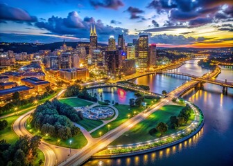 Fototapeta premium Pittsburgh City Point State Park Aerial Long Exposure Photography - Night Cityscape