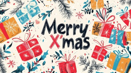Colorful Festive Illustration for Merry Xmas Celebrations with Gifts and Holiday Elements