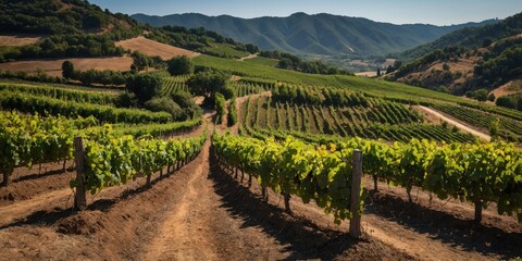 Picturesque vineyard with lush green grapevines in sunny rural setting