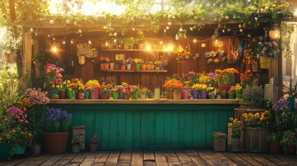 Fototapeta premium Colorful Flower Stand with Bright Blooms and Warm Ambient Lighting