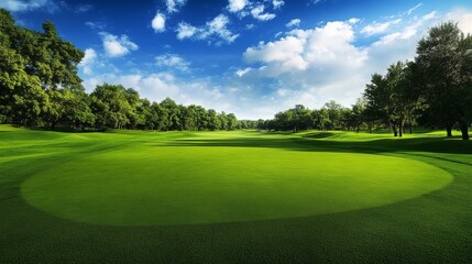 A serene scene featuring a tranquil golf course, Lush green fairways meticulously groomed, Classic photographic style