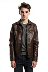 Stylish Teenager in Brown Leather Jacket