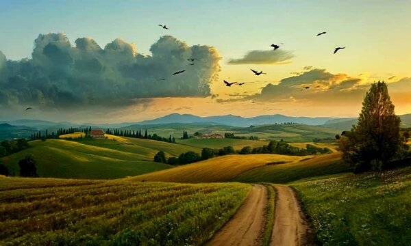 art countryside landscape; rural farm and farmland field