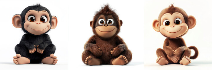 set of 3d cartoon primates, monkey, chimpanzee, orangutan