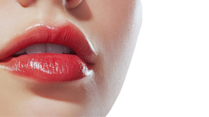Close-up of lips with glossy red lipstick. transparent background