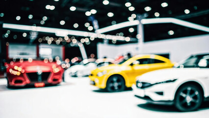 Fototapeta premium Blurred background of new cars displayed in luxury showroom with light bokeh in motor show event.