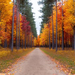 Obraz premium Autumn Forest Path Golden Red Orange Trees Fall Foliage Nature Trail