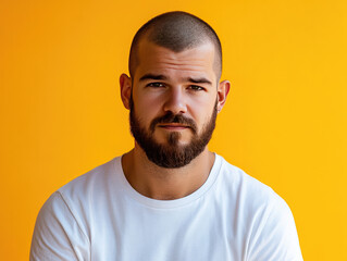 Man With a Beard and Closely Shaved Head Poses Against a Bright Yellow Background While Wearing a White Shirt