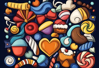 Obraz premium Colorful Cartoon Objects On A Black Background for Happy Valentine's Day
