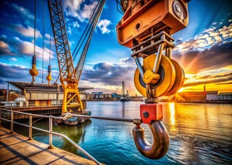 Port Crane Hook and Cable Lifting Boat into Water - Industrial Maritime Stock Photo