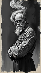 brutal old man in national dress, with long white hair, cossack warrior