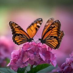 Monarch Butterflies on Hydrangea Blooms  Nature Photography