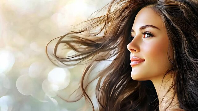 Effortless Beauty: A captivating portrait of a woman with flowing brown hair, her gaze directed towards the horizon, bathed in warm sunlight. The image exudes confidence and natural allure.  