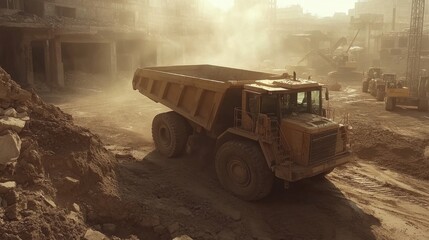 Obraz premium Large mining dump truck hauls debris from demolition site