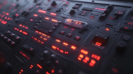 Obraz premium Futuristic control panel with illuminated buttons and displays.