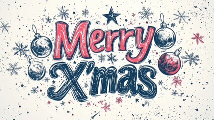 Stylish Merry Xmas Advertisement Concept with Festive Typography and Illustrations of Ornaments and Snowflakes