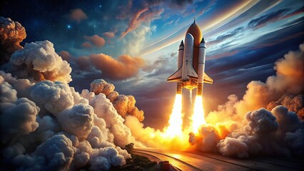 Obraz premium Powerful Rocket Launch: Dramatic Smoke Trails & Copy Space