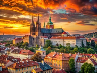 Obraz premium Prague Castle Hill: St. Vitus Cathedral Panoramic View - Czech Republic Landmark