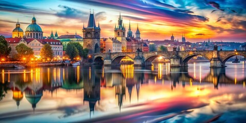 Naklejka premium Prague Timelapse: Charles Bridge & Old Town Day to Night Double Exposure