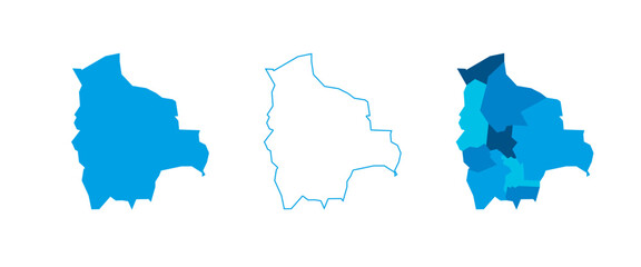 Bolivia set of three maps - solid map, outline map and map highlighting administrative divisions. Three distinct maps illustrate various representations of a geographical area.