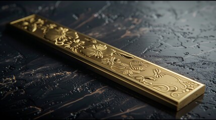 Fototapeta premium A shiny gold bar with engraved details, displayed elegantly on a smooth black surface.