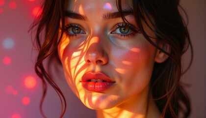 Fototapeta premium Close-up portrait of a young woman with striking eyes and red lips, bathed in warm golden light and bokeh background, capturing a dreamy and alluring atmosphere.