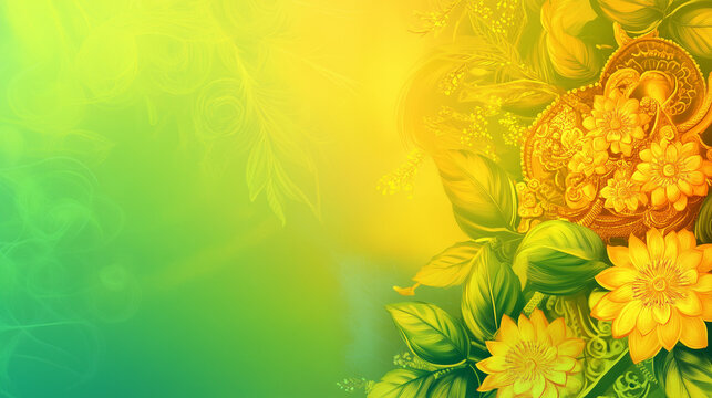 gradient banner for Thaipusam with a combination of bright green and yellow, featuring kavadi and flower images, Ai generated images
