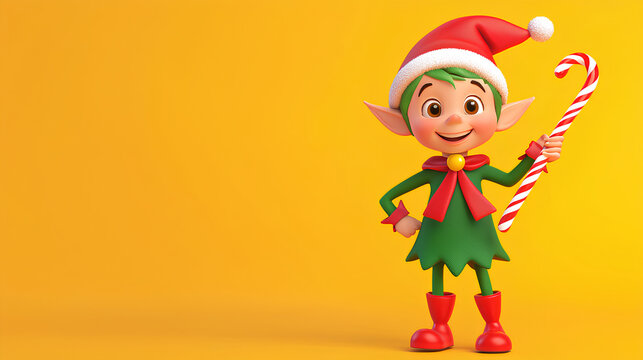 Cartoon elf holding a red and white cane