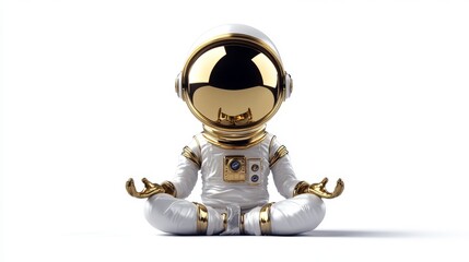 Fototapeta premium A serene scene of an astronaut in a white and gold suit, meditating in a lotus position. The minimalist white background and reflective gold helmet create a calming, futuristic vibe.. AI Generation