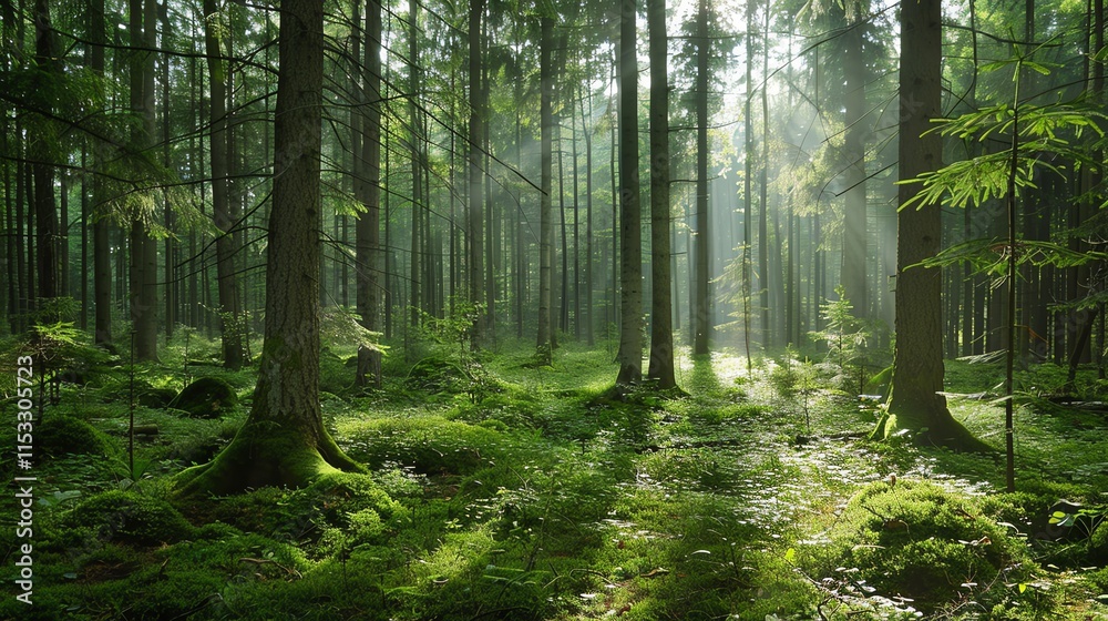 Wall mural sunbeams filtering through the trees in a forest.
