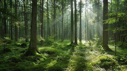 Obraz premium Sunbeams filtering through the trees in a forest.