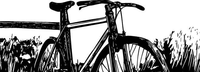 Obraz premium Vintage woodcut illustration of a bicycle resting against a wooden fence in a grassy landscape