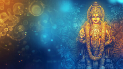 Fototapeta premium Thaipusam banner with blue and gold gradient, background decorated with image of Lord Murugan and decorated kavadi, Ai generated images