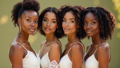 Fototapeta premium Four beautiful African American women with different hairstyles and white dresses, outdoor portrait, friendship and beauty concept