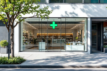 Contemporary Pharmacy Storefront with Large Glass Windows, Green Cross Sign, and Urban Street Setting