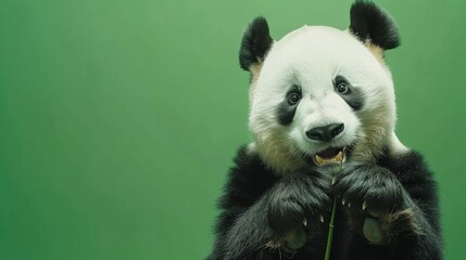 Obraz premium A panda bear eating bamboo in front of a green screen.