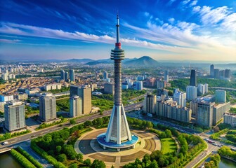 Obraz premium Pyongyang TV Tower Drone Aerial View, North Korea, May 1, 2017