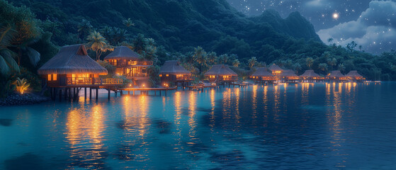 Fototapeta premium Nighttime Illustration of Bora Bora with Illuminated Overwater Bungalows