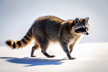 Obraz premium Raccoon Silhouette Walking, Isolated White Background, Aerial View, Night Wildlife Photography