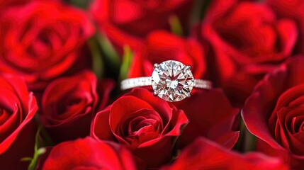 A beautiful close-up shot of a diamond engagement ring surrounded by vibrant red roses, showcasing timeless love and romance.