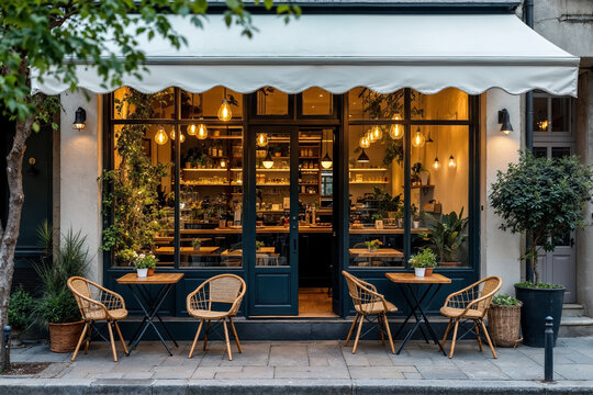 Modern cafe facade with glass windows, warm lighting, outdoor seating, and inviting ambiance.