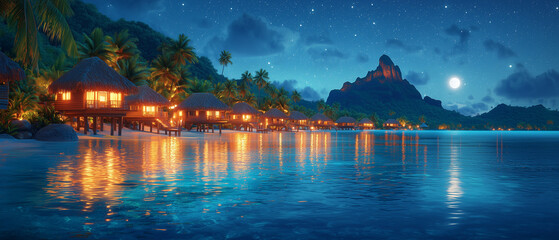 Nighttime Illustration of Bora Bora with Illuminated Overwater Bungalows