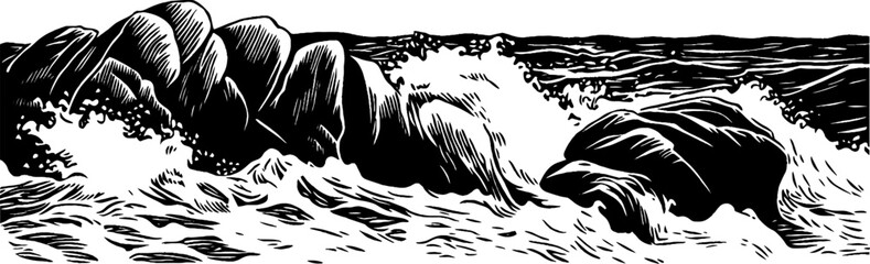 Obraz premium Vintage woodcut illustration capturing the power of waves crashing against a rocky cliff