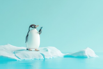Fototapeta premium A penguin is holding a cell phone in its beak