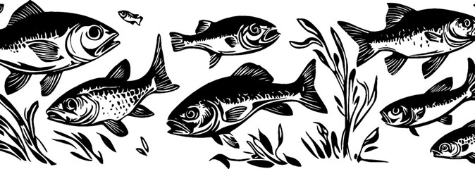 Obraz premium Vintage woodcut illustration depicting a variety of fish swimming in a natural setting
