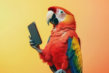A colorful parrot holding a cell phone in its beak