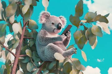 A cartoon koala is sitting on a tree branch and holding a cell phone