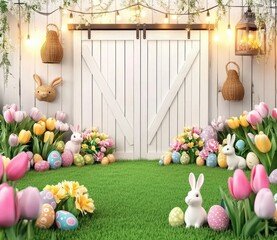 Festive Easter Garden Scene: White Barn Door, Pastel Eggs, Tulips, Bunnies, String Lights