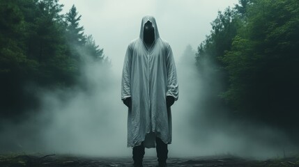 Fototapeta premium Hooded figure in white robe standing in a misty forest.